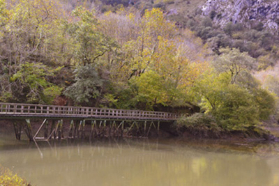 Detalle del puente de madera en el embalse de Valdemurio